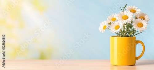 Daisy Mug Spring Background: Panoramic Banner for Mockup Design and Product Display. Stock Photo Contest Winner with Sunny Blurred Nature Background.