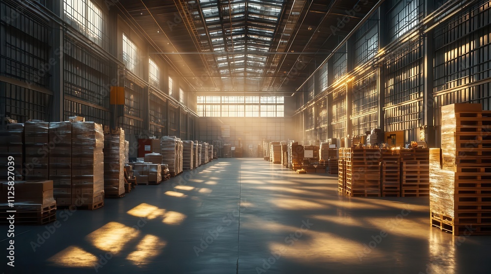 A serene warehouse where layout plans glow softly on monitors while workers organize inventory, sunlight filtering through A serene warehouse where layout plans glow softly on monitors while workers organize inventory, sunlight filtering through