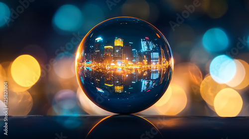 reflective sphere showcases vibrant city skyline with colorful bokeh lights, creating mesmerizing urban scene. contrast between sharp reflection and blurred background adds depth and intrigue