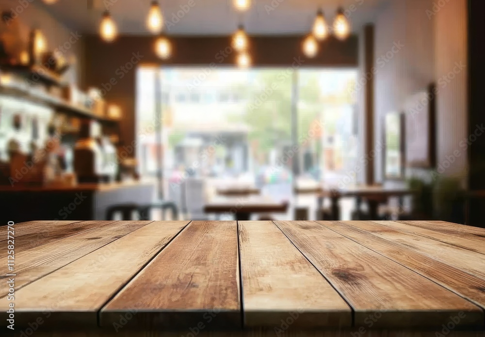 Empty wooden table in blurred cafe background. Empty wooden table in blurred cafe background.