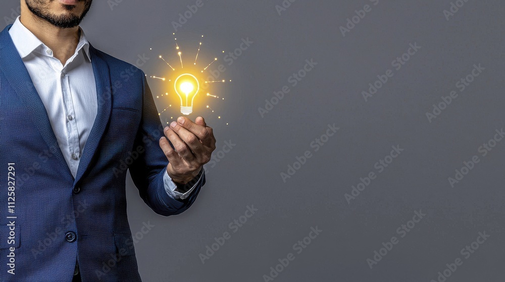 Businessman Holding Glowing Lightbulb Idea | Minimalist design Businessman Holding Glowing Lightbulb Idea | Minimalist design