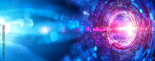 Futuristic digital tunnel with vibrant blue and pink lights, creating sense of depth and motion. Ideal for technology and sci fi themes