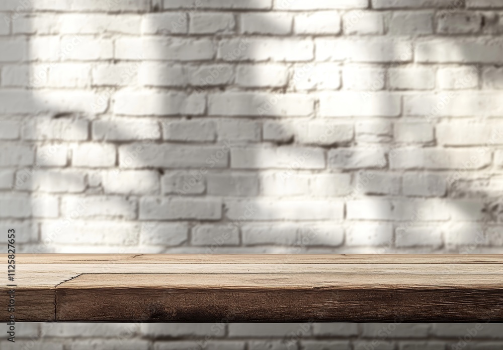 Wooden table against white brick wall with leaf shadows. Wooden table against white brick wall with leaf shadows.