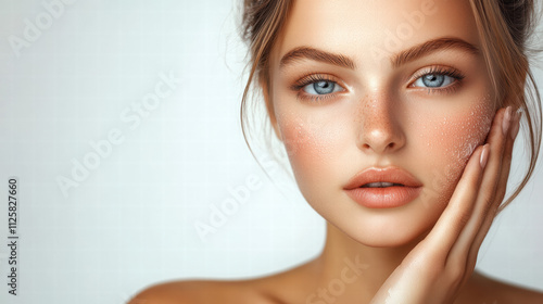 A beautiful woman with clean, fresh skin touching her face on a white background