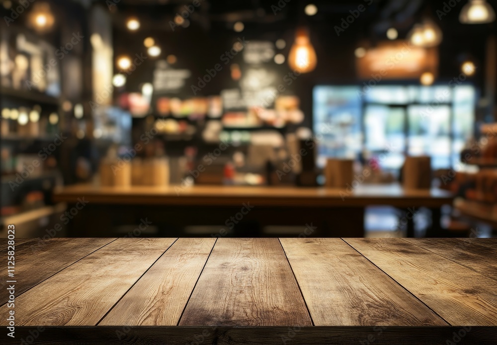 Empty wooden table in blurry cafe background. Empty wooden table in blurry cafe background.