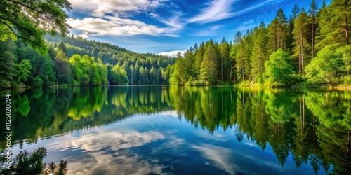 Tranquil lake nestled in a dense forest , peaceful, serene, nature, landscape, quiet, corner, secluded, hidden, trees