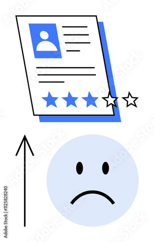 Job profile with three-star rating, frowning face, and upward arrow indicating improvement potential. Ideal for HR assessments, performance reviews, feedback processes, employee development