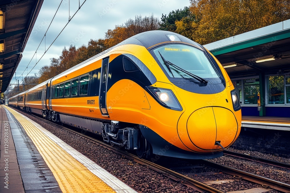 Fototapeta premium A serene photo of a streamlined high-speed train gliding through a countryside, representing transport efficiency
