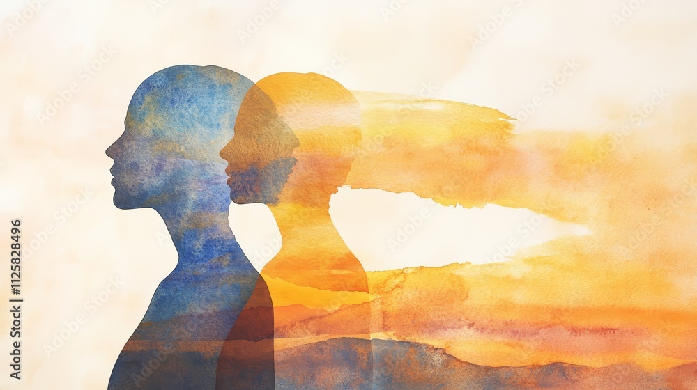 healing loneliness today close up focus on copy space warm soothing colors Double exposure silhouette with open spaces and hope healing loneliness today close up focus on copy space warm soothing colors Double exposure silhouette with open spaces and hope