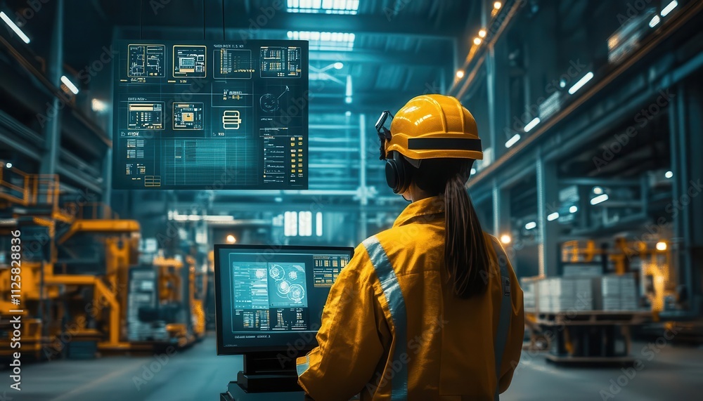 Workers overseeing robotic loaders in a modern warehouse, glowing dashboards guiding operations, warm cinematic tones Workers overseeing robotic loaders in a modern warehouse, glowing dashboards guiding operations, warm cinematic tones