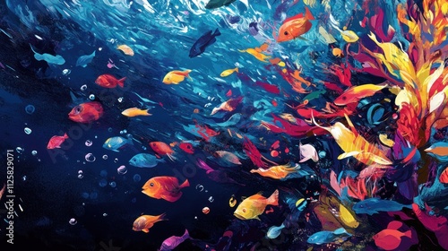 Vibrant Underwater Paradise: A School of Colorful Fish Swimming Amongst Coral Reef photo