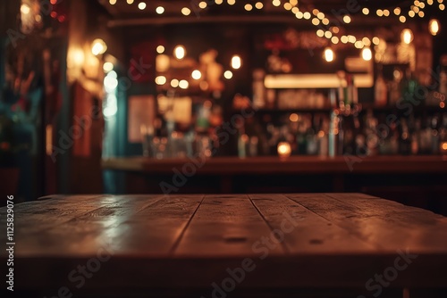 Rustic wooden table in a dimly lit bar with bokeh lights.