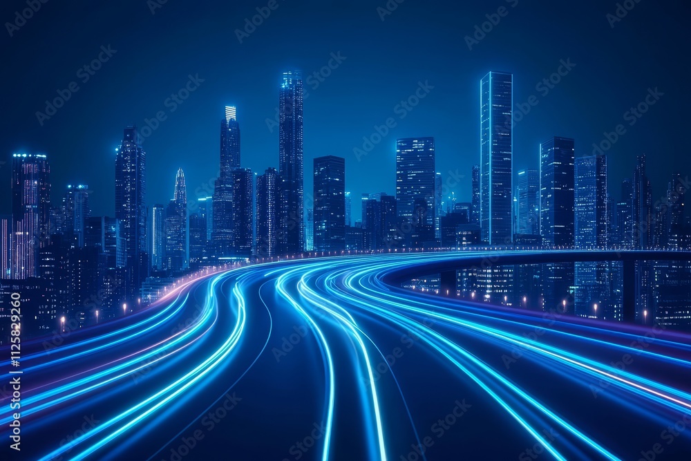 Fototapeta premium Stunning Night View of a Modern City Skyline with Lit Highways and Skyscrapers at Twilight, Showcasing Urban Life and Dynamic Movement of Traffic
