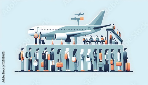 Travel A flat vector of a line of travelers waiting for boarding at the airport, with an airplane visible i2 photo