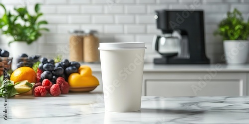 Fototapeta Naklejka Na Ścianę i Meble -  A white coffee cup on a kitchen countertop with fruits and a coffee maker in the background.