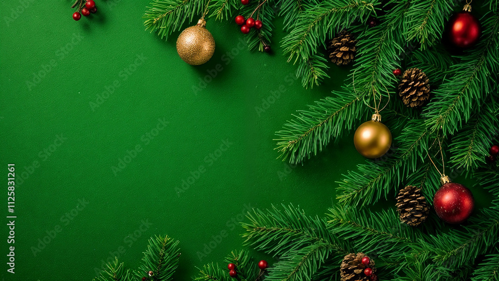 Fototapeta premium Festive Christmas Tree Branches Adorned with Ornaments on Green Holiday Background Illustration