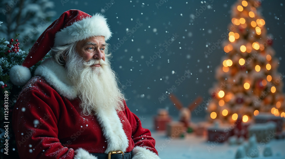 Jolly Santa Claus Relaxing in Armchair by Decorated Christmas Tree Holiday Illustration Background Jolly Santa Claus Relaxing in Armchair by Decorated Christmas Tree Holiday Illustration Background