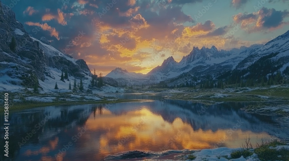 Obraz premium Majestic Mountain Landscape at Sunset with Reflective Lake