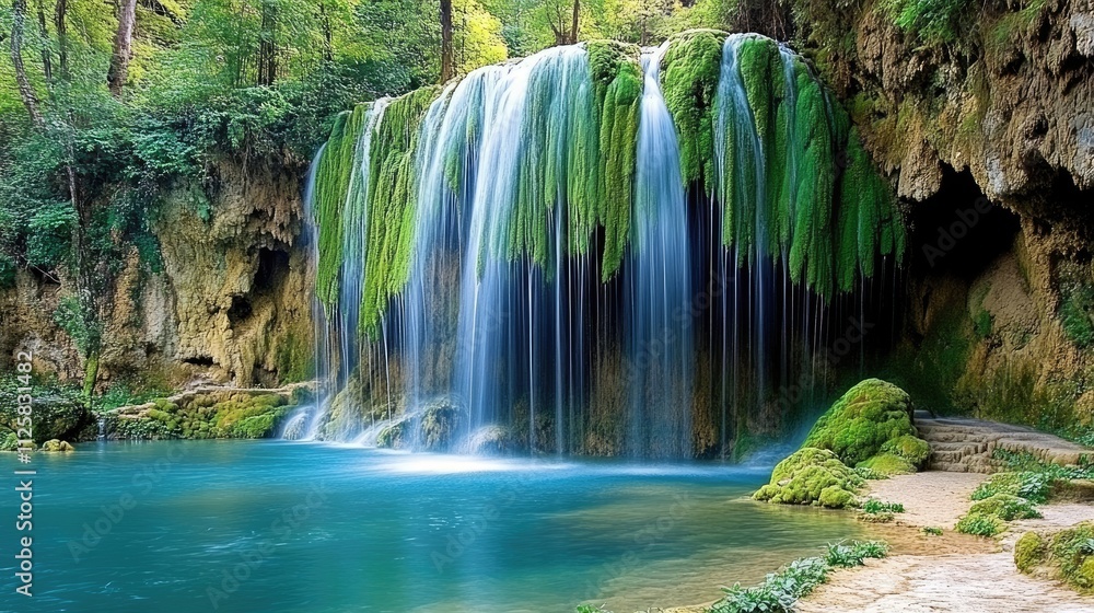 Serene Waterfall Cascading Over Lush Green Rocks in Forest Oasis Serene Waterfall Cascading Over Lush Green Rocks in Forest Oasis