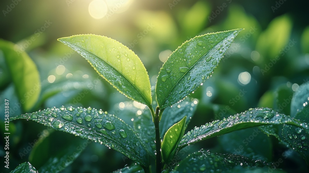 Dew-covered tea leaves sparkle in the morning light, showcasing their vibrant green hues in a serene plantation setting. The air is fresh and invigorating.