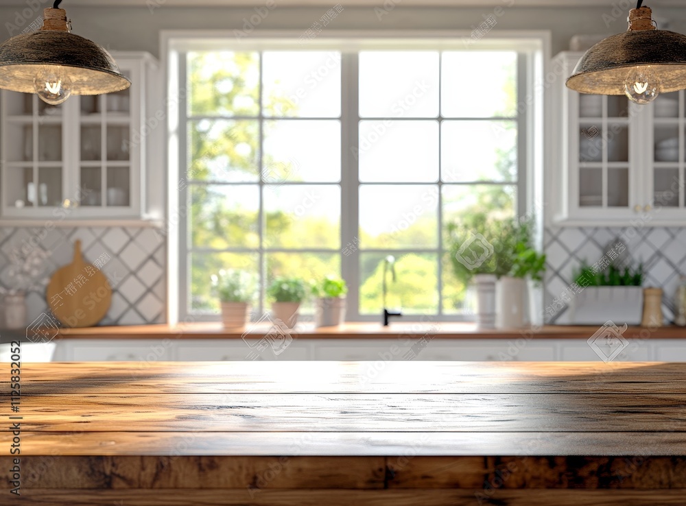 Fototapeta premium Rustic wooden kitchen counter top with blurred bright kitchen background and window.