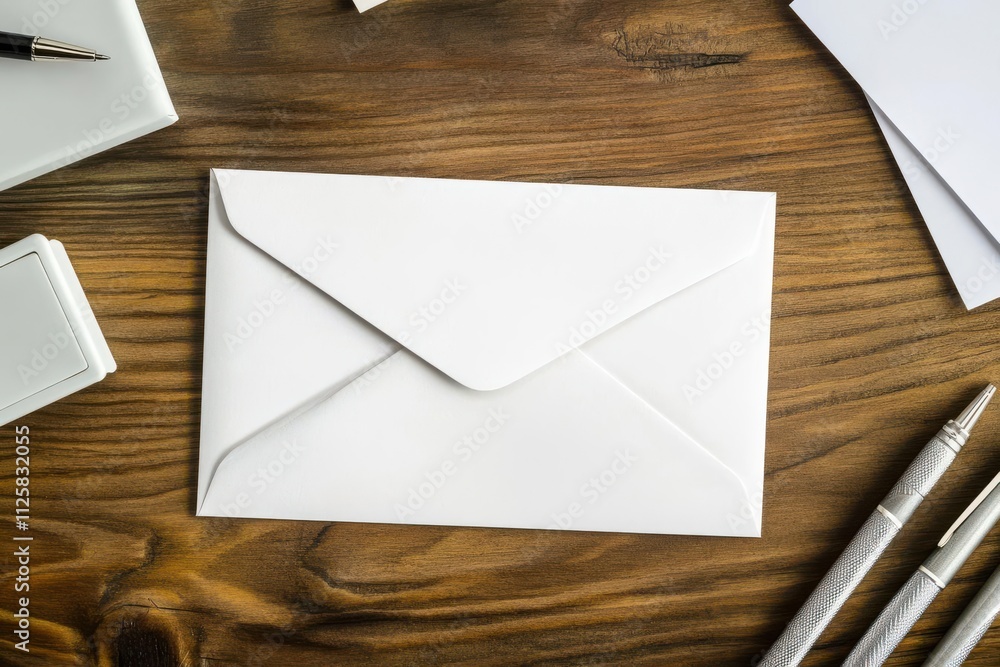 A white envelope placed on a wooden surface, surrounded by stationery items.