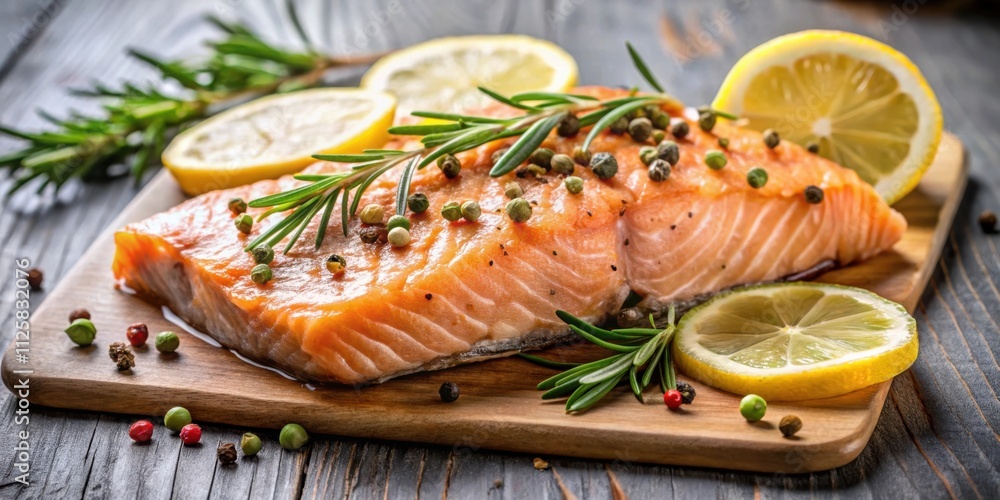Deliciously cooked salmon fillet with aromatic lemon and rosemary, salmon, fish, fillet, fresh, tasty, cooked, lemon Deliciously cooked salmon fillet with aromatic lemon and rosemary, salmon, fish, fillet, fresh, tasty, cooked, lemon