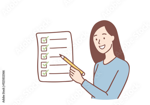 Smiling young woman with huge marker put mark on list in notebook. Happy girl with pen check boxes on paperwork in notepad. Hand drawn style vector design illustrations.