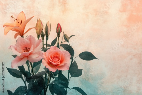 A serene arrangement of pink roses and orange lilies against a soft background.