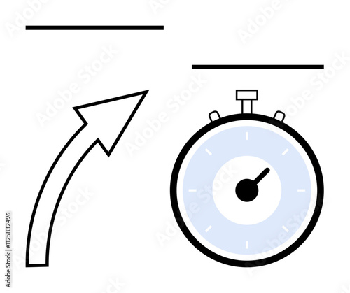 Arrow curving upward horizontal lines and stopwatch. Ideal for showcasing progress, agility, development, efficiency, time management, performance tracking, productivity. Line metaphor