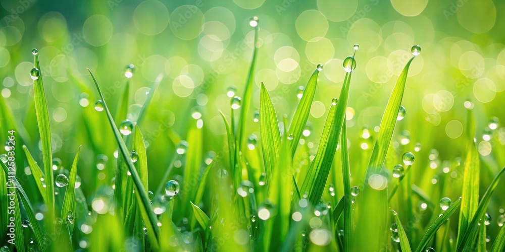 Fototapeta premium Vibrant green grass background with dew drops, nature, vibrant, fresh, growth, foliage, lush, greenery, environment, landscape
