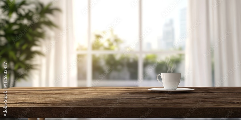 Steaming coffee cup on wooden table near window. Steaming coffee cup on wooden table near window.