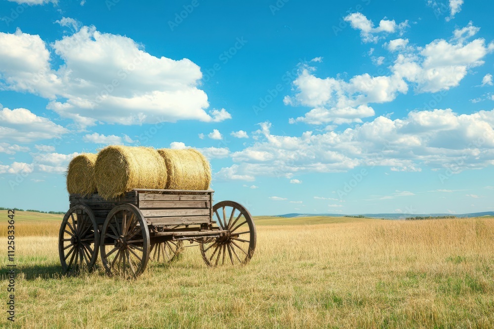 A wooden cart filled with hay bales in a vast field under a blue sky with clouds. A wooden cart filled with hay bales in a vast field under a blue sky with clouds.