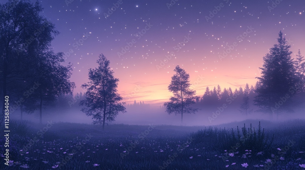Fototapeta premium A tranquil pre-dawn landscape under a fading starlit sky, with slender trees and wildflowers bathed in ethereal light, evoking serenity, quiet anticipation, and the promise of new beginnings.