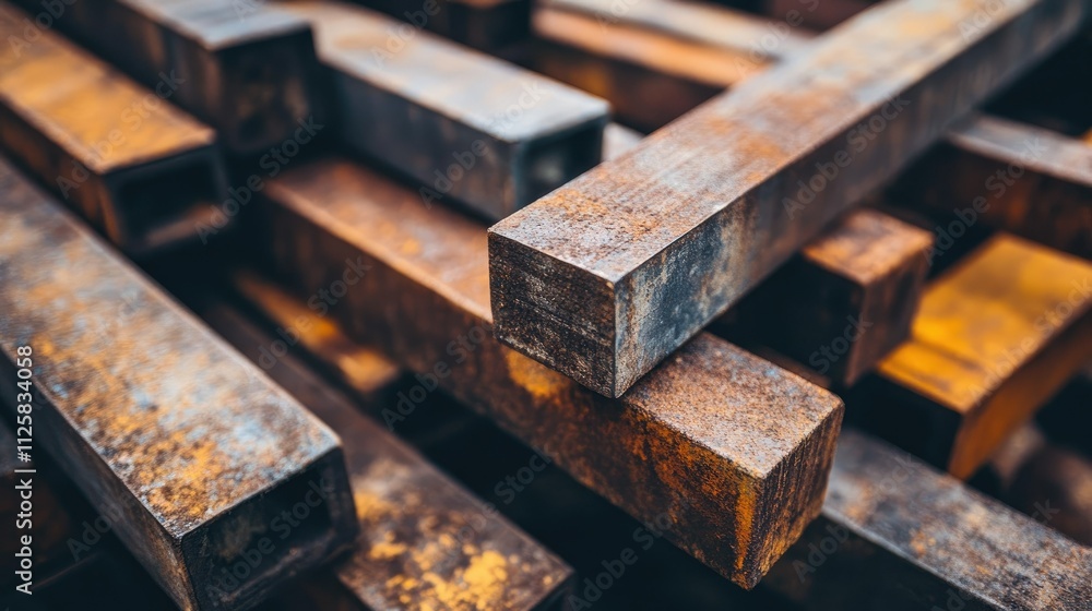 A close-up of weathered, rusted steel beams arranged in a pile, revealing intricate textures and the raw industrial aesthetic of aged materials A close-up of weathered, rusted steel beams arranged in a pile, revealing intricate textures and the raw industrial aesthetic of aged materials