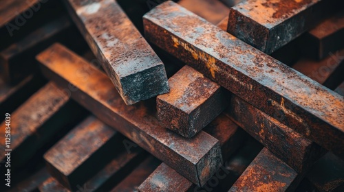 A close-up of weathered, rusted steel beams arranged in a pile, revealing intricate textures and the raw industrial aesthetic of aged materials