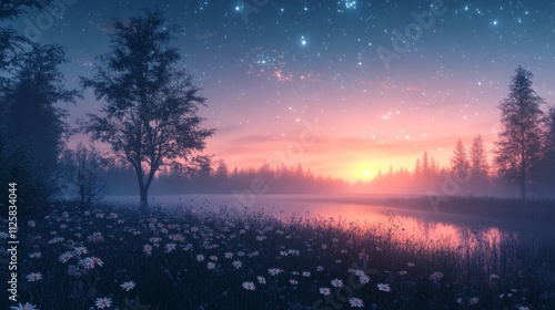 A tranquil pre-dawn landscape under a fading starlit sky, with slender trees and wildflowers bathed in ethereal light, evoking serenity, quiet anticipation, and the promise of new beginnings. photo