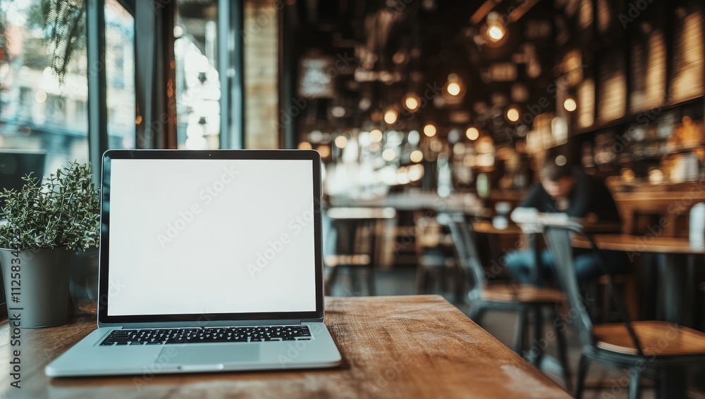 Laptop with blank screen on wooden table in cafe. (2) Laptop with blank screen on wooden table in cafe. (2)