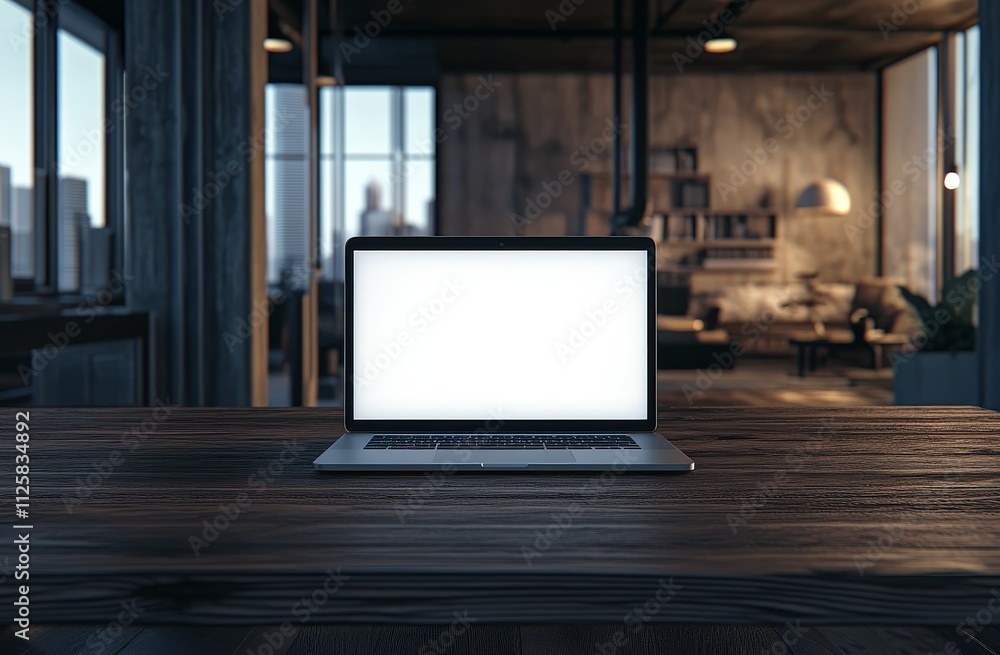 Fototapeta premium Laptop with blank screen on wooden desk in modern office.