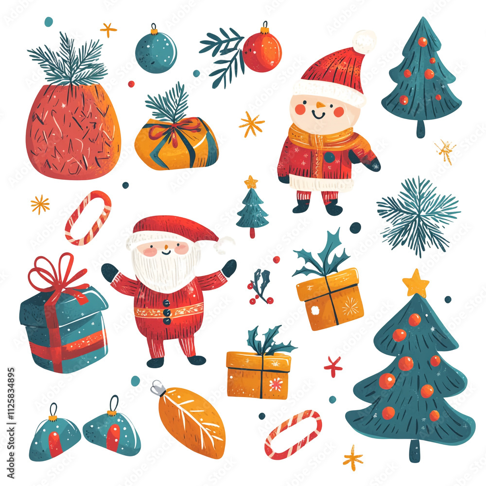 Fototapeta premium Joyful Christmas Collection: Santa, Snowman, and Festive Decorations