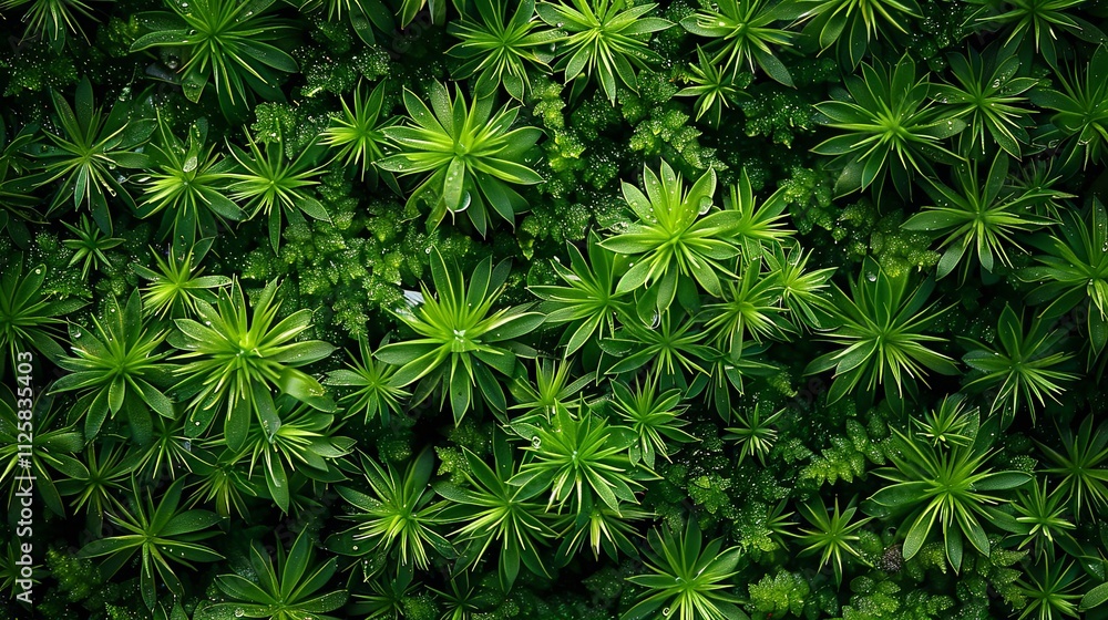 Lush Green Moss and Star-Shaped Plants: A Detailed Aerial View Lush Green Moss and Star-Shaped Plants: A Detailed Aerial View