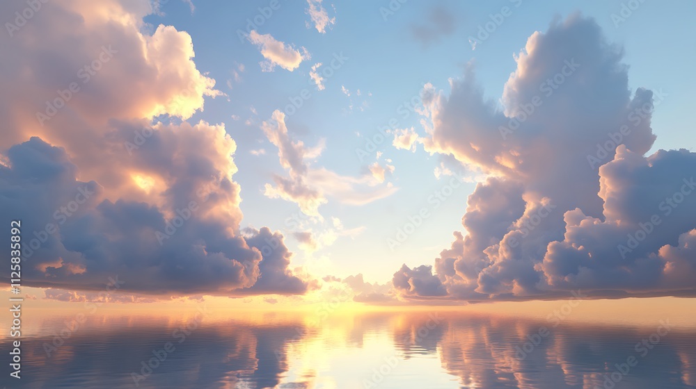 A serene sunset over calm waters, reflecting colorful clouds in a tranquil atmosphere. A serene sunset over calm waters, reflecting colorful clouds in a tranquil atmosphere.