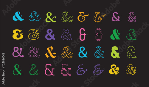 Colorful silhouette and line different isolated ampersand signs icons set design elements template on black background