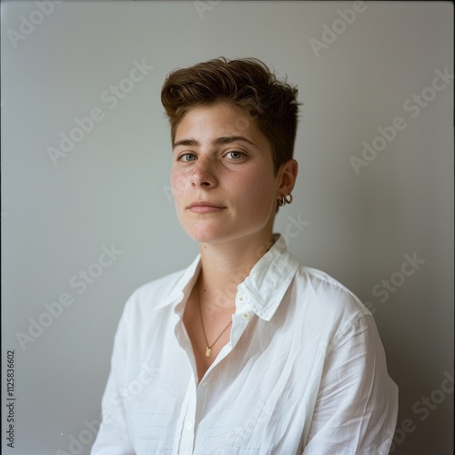 Portrait of a young woman with short brown hair wearing a white shirt against a gray background.