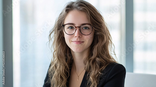smiling young woman wearing glasses in black jacket and necklace looking at the camera indoor portrait