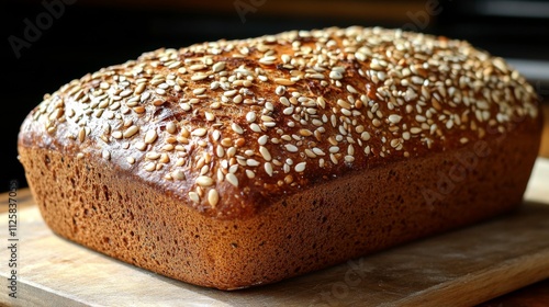 A loaf of freshly baked whole grain bread, rich in texture and flavor, is topped with sesame seeds and rests on a wooden cutting board, inviting enjoyment.