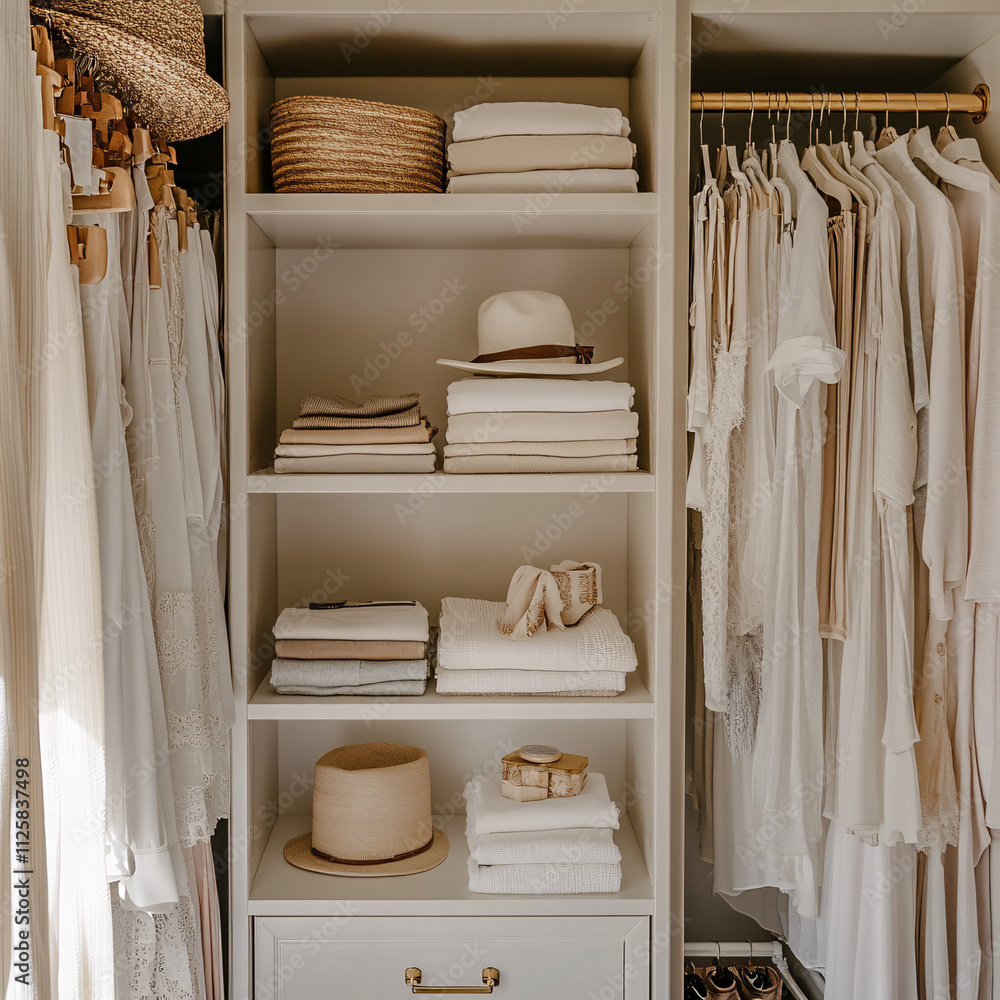 white and beige organized closet interior with folded towels and hats on shelves and white clothes hanging in a minimalist modern home white and beige organized closet interior with folded towels and hats on shelves and white clothes hanging in a minimalist modern home
