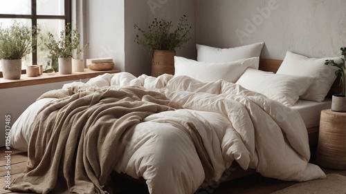 A cozy, unmade bed with white sheets and pillows, showcasing a natural, messy arrangement. The soft textures and folds of the fabric create a realistic and inviting aesthetic.