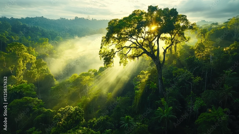 Obraz premium Mist rising above forest trees in a lush environment captured from above showcasing nature's serenity and the role of standards in conservation