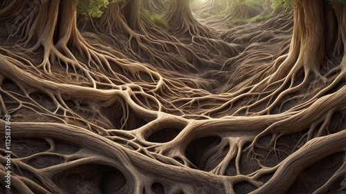 A detailed close-up view of tree roots weaving intricately through rich, textured soil, revealing the underground network of nature.